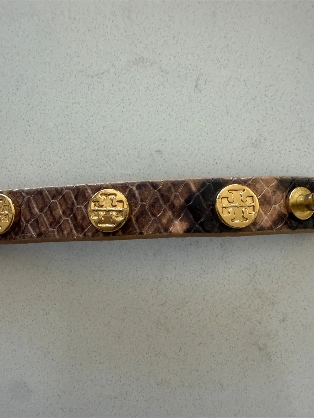 Tory Burch Brown Snakeskin Double Wrap Bracelet with Gold Logo Studs